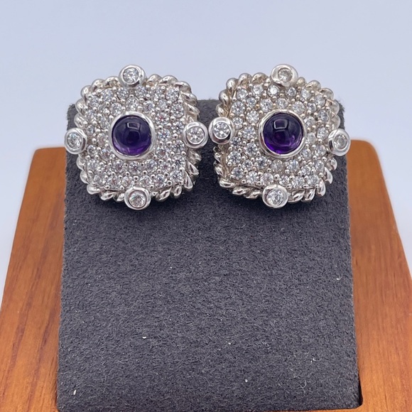 Judith Ripka Sterling Silver Amethyst Cabochon CZ Pave Chunky Studs Earrings 925 - Picture 4 of 7